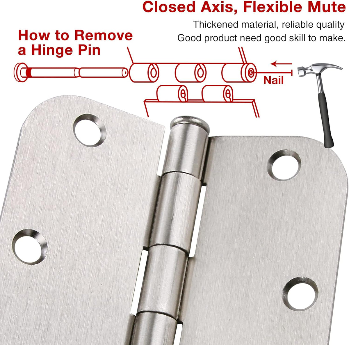 100 Pack Interior Door Hinges Brushed Nickel 3.5 inch x 3 1/2" 5/8" Round Residential Bi-fold Bedroom Standard Hinge for Wood Single/Double Bedroom Doors Silver House Hardware Kit Controls 3 ½"