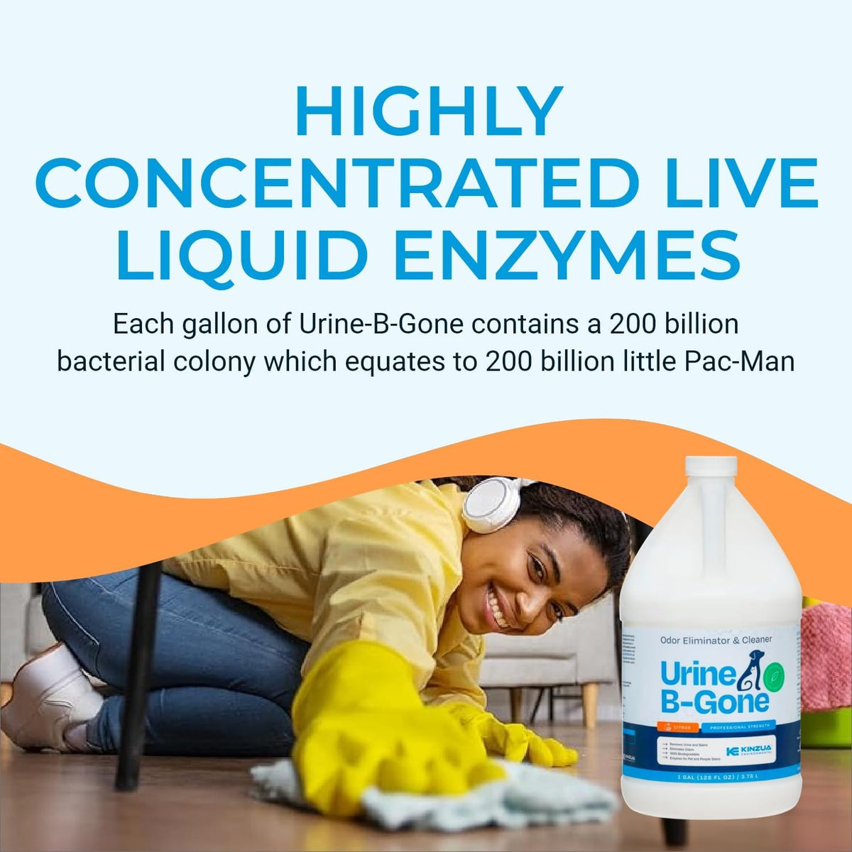 KINZUA ENVIRONMENTAL Urine B-Gone, Professional Enzyme Odor Eliminator & Pet Stain Remover, Human, Cat & Dog Urine Cleaner, Effective on Laundry, Carpets & More, Citrus Scent, 1 Gallon