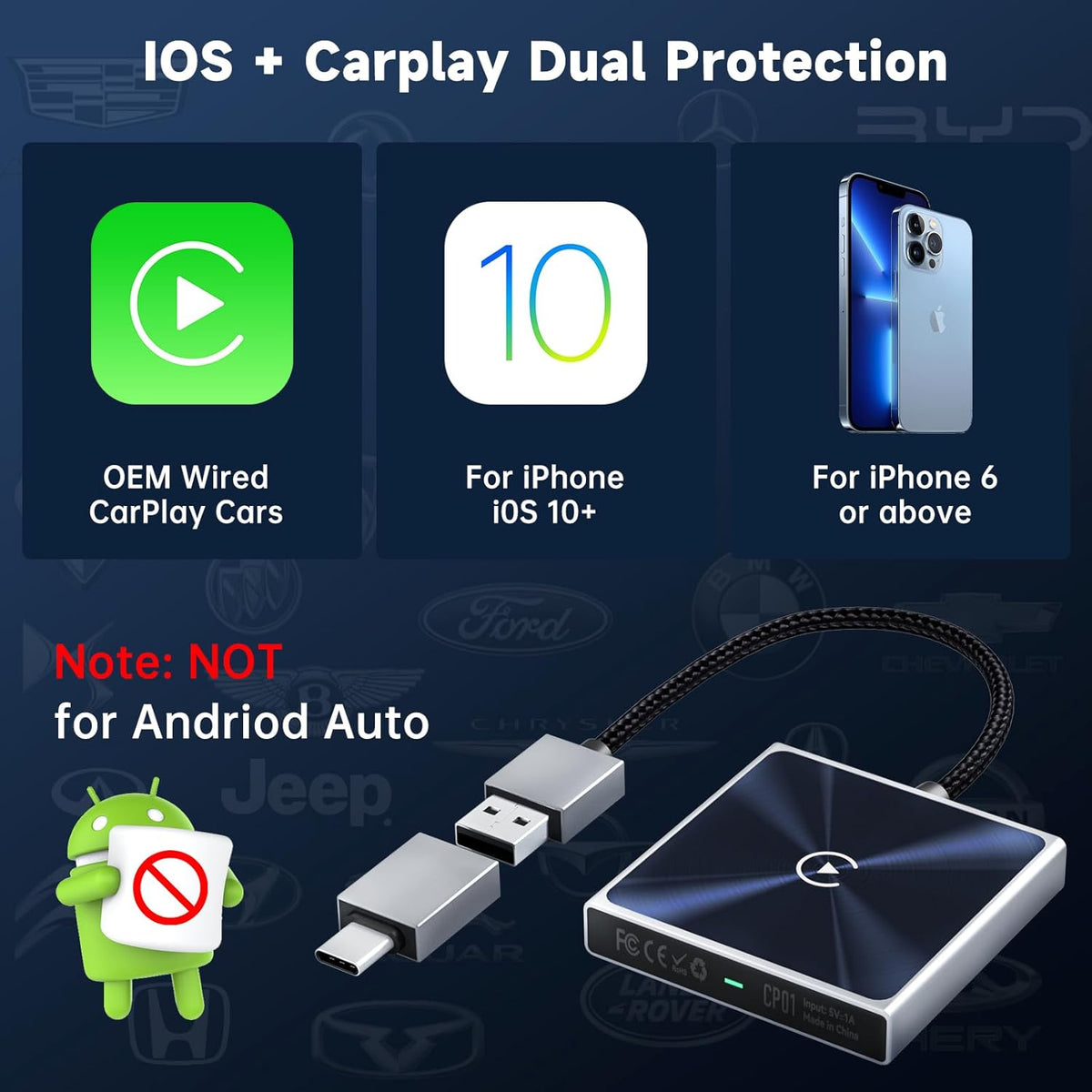 Wireless CarPlay Adapter for iPhone– Super mini 2 in 1 Plug Convert Wired to Wireless Car Play Dongle for Apple iOS 10+ , Instant Connectivity, Fit for Cars with Built-in CarPlay, Black Silver