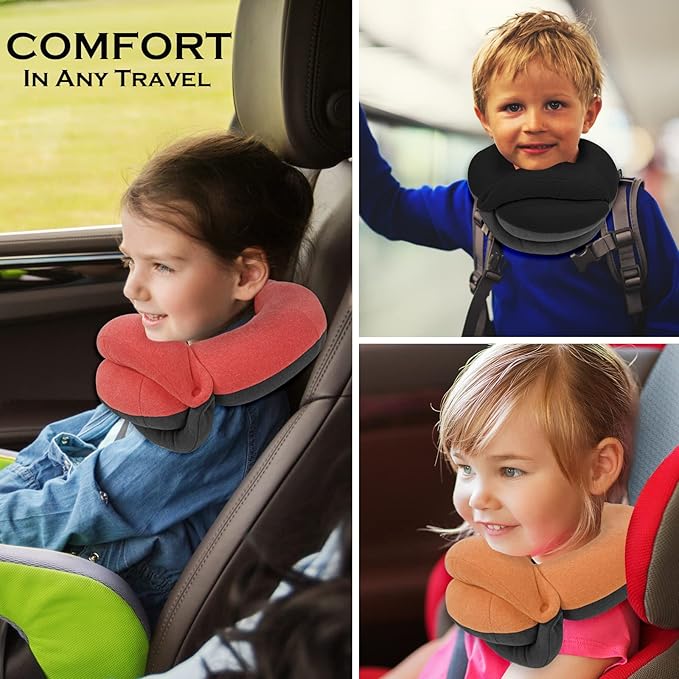 BUYUE Kids Travel Pillows for Airplane, 360° Head Support Sleeping Essentials for Boys Long Flight, Skin-Friendly Soft Neck Pillow for Traveling in Car Seat, (Small, Pink Grey, 40-90 lbs)