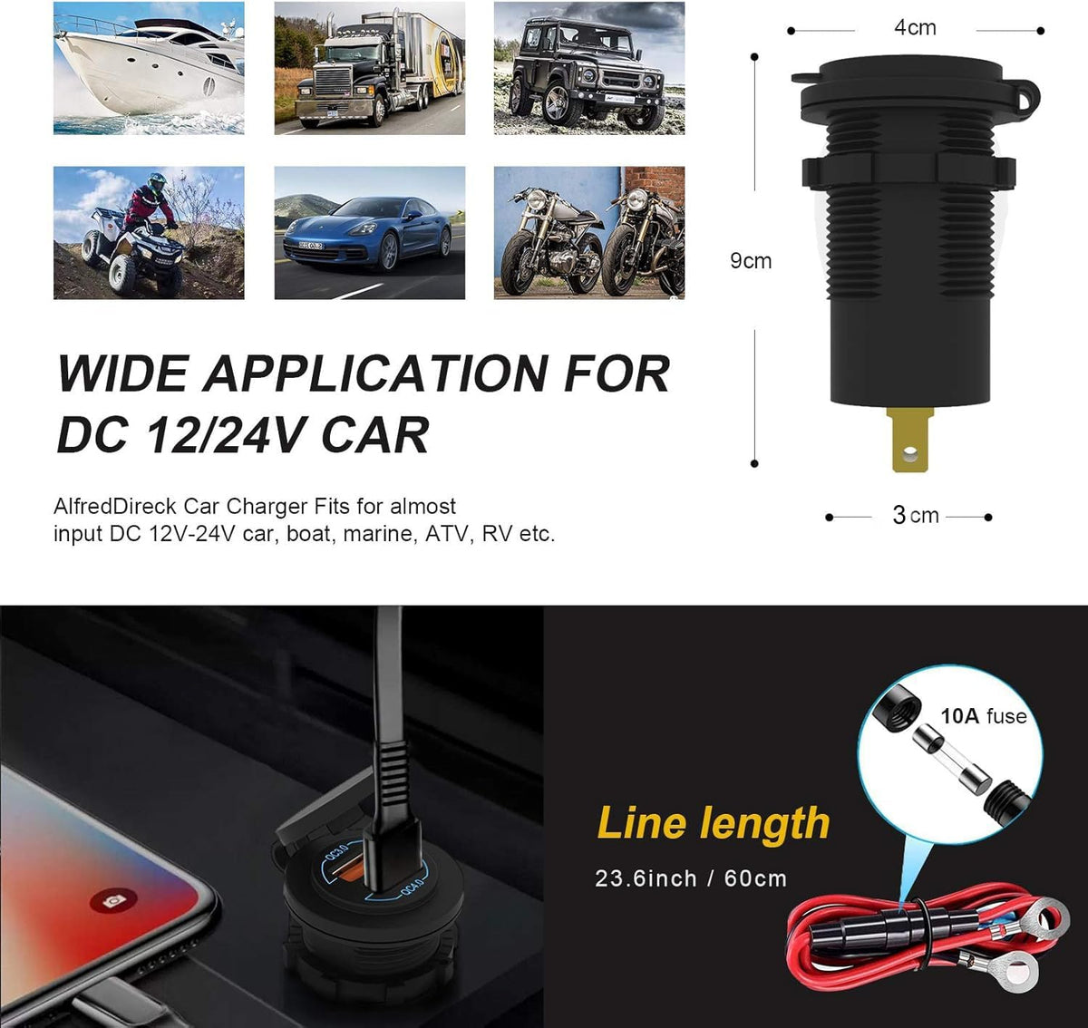 12V USB Outlet - 90W(Max) Dual Ports QC4.0 PD & Quick Charge3.0 Car Charger Socket with LED Indicator - Waterproof USB C Port for Car Boat Marine Motorcycle RV Truck ATV Golf Cart