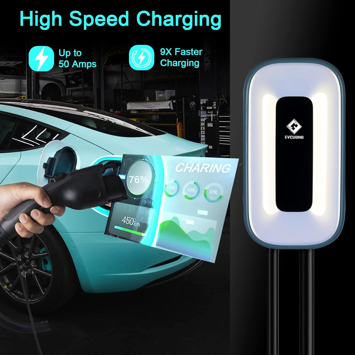 EV Charger Level 2,50 Amp Charge Station, 240V,Indoor/Outdoor EVSE, 25Ft Cable Level 2 ev Charger, 2.4GWiFi/APP/RFID Card (NEMA14-50 Plug or Hardwired)