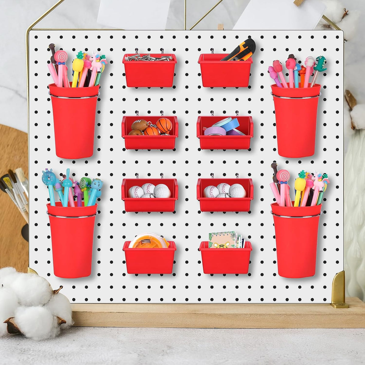 Yookeer 20 Pcs Pegboard Bins and Cups with Hooks and Loops Peg Assortment Organizer Accessories Various Tool Organizer Pegboard Baskets Set for Garage Workshop Workbench Office(Red)