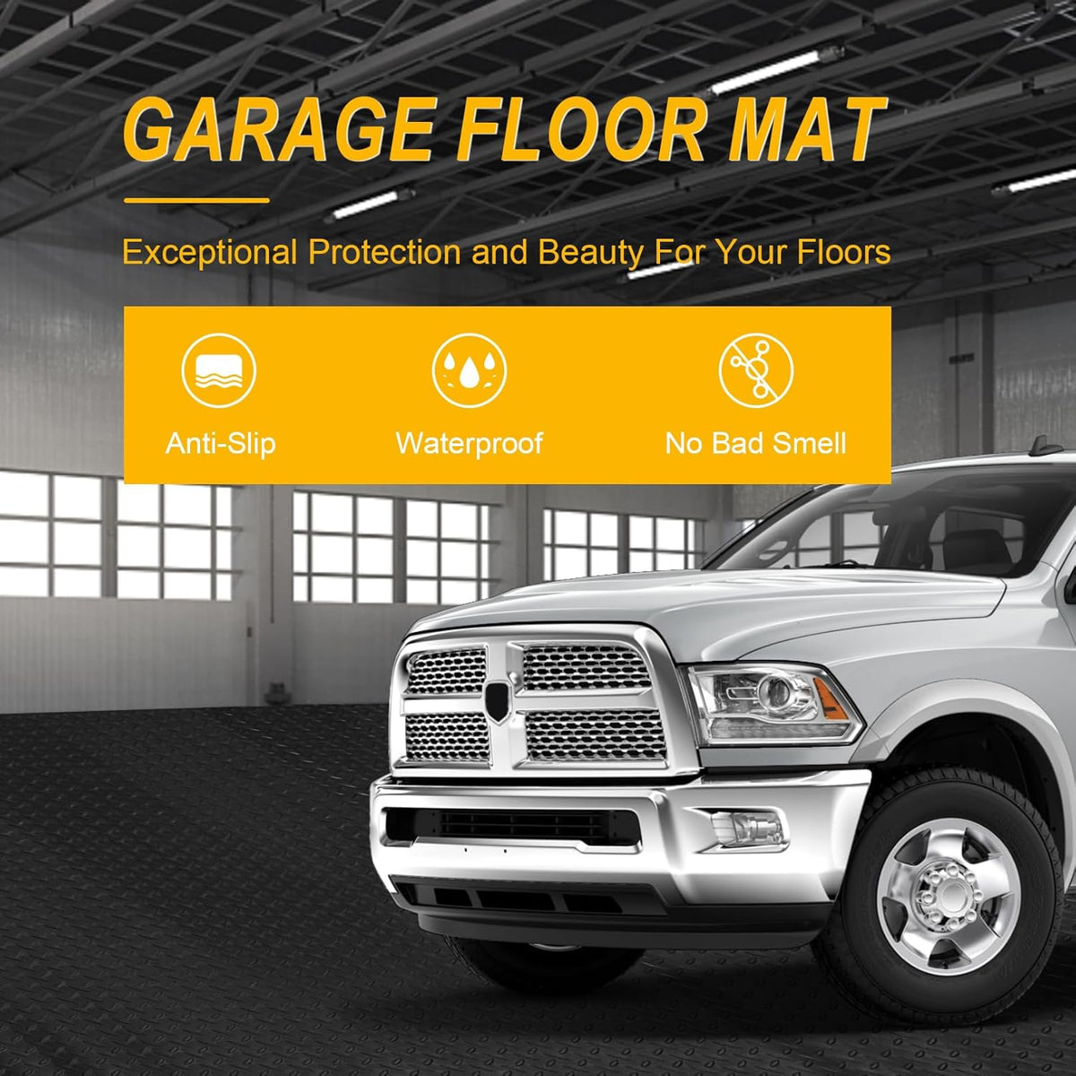 7.5x25 FT Garage Floor Mat, Updated 2.8mm Thicked Flooring Roll with 20Pcs Tapes, 188 sqft Diamond Plate PVC Rubber Trailer Mat, Non-Slip Floor Protector Mat for Garage Warehouse Gyms (Matte Black)