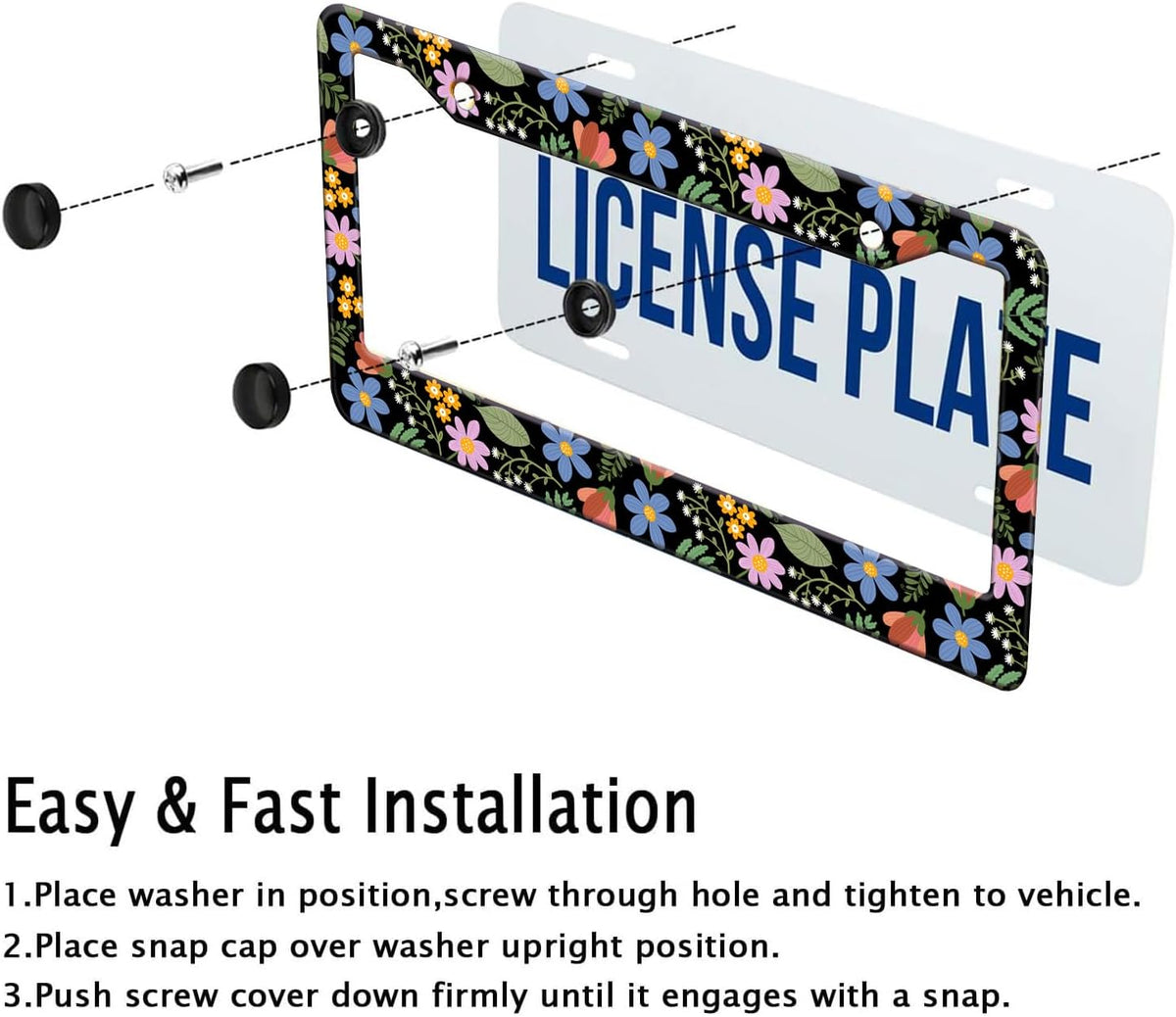 Florals License Plate Frame for Women, Blue Flowers License Tag Frames Holder Covers, Metal Aluminum Rustproof Car Accessories for Us Canada Standard, Girly Car Decorative with 2 Holes and Screw Caps