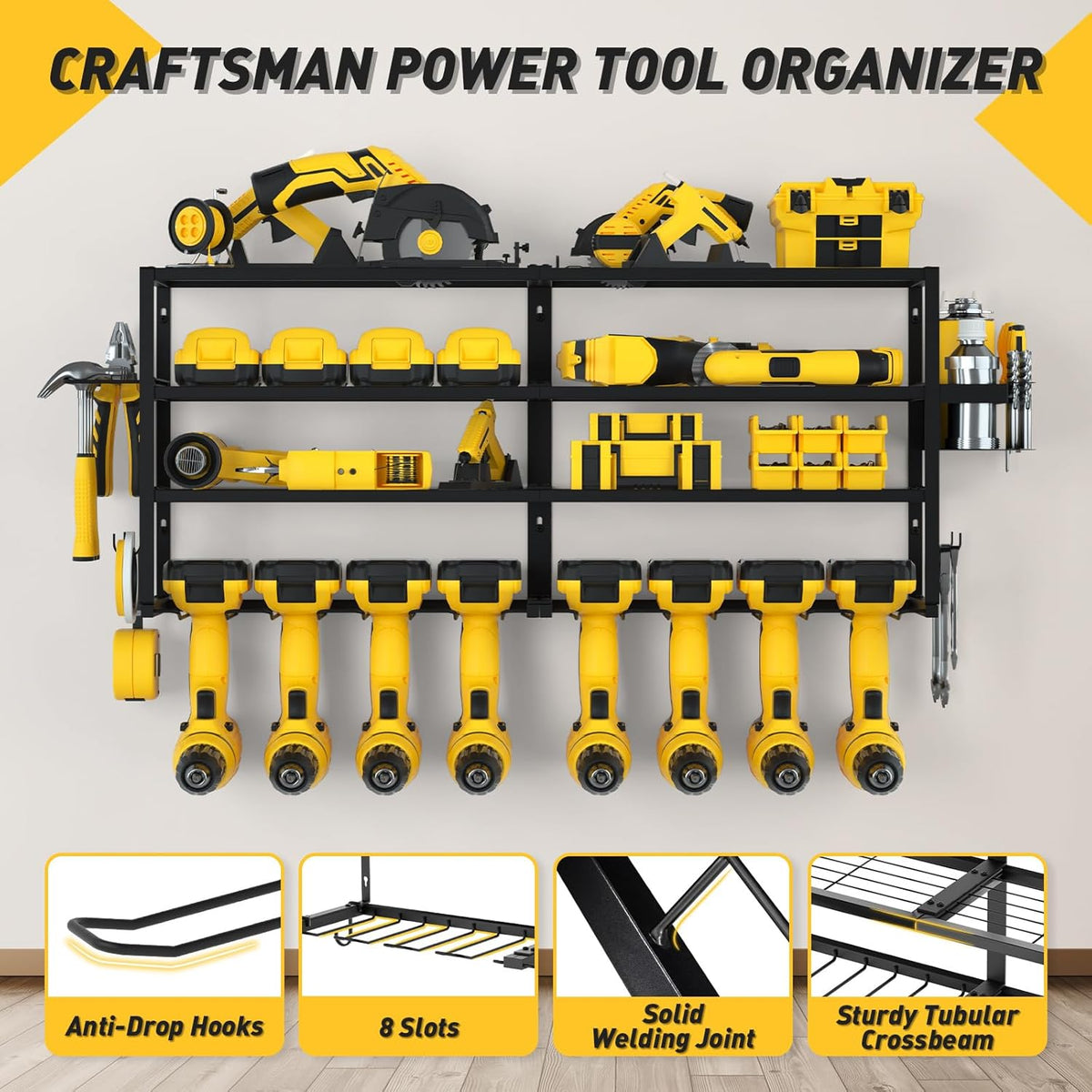Large Power Tool Organizer Wall Mount for Fathers Dad, 4 Layers Heavy Duty Metal Garage Organization Loads 360lbs with 8 Cordless Drill Holder, Power Tool Shelf for Garage Workshop, Utility Racks