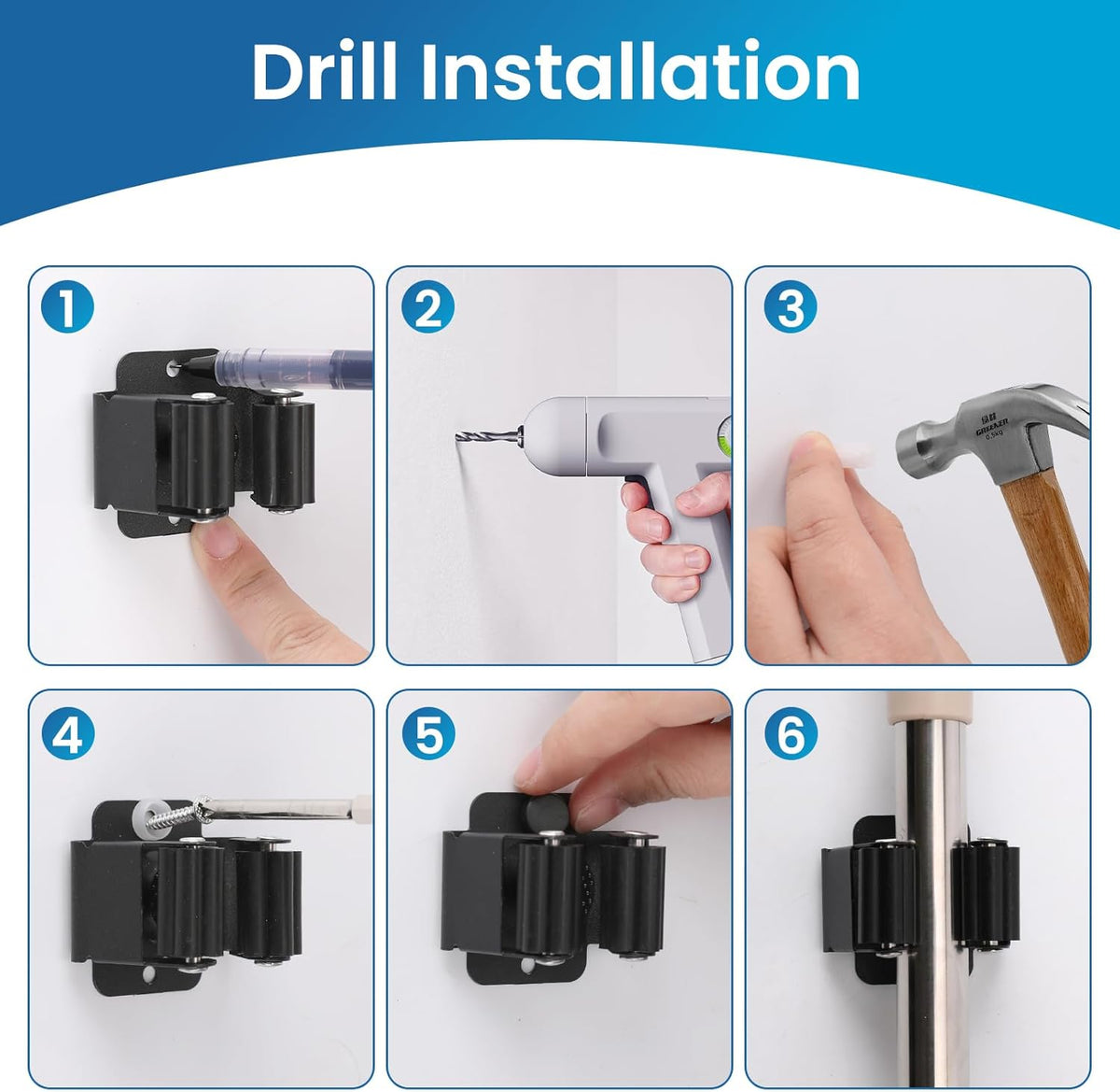 Broom Holder Wall Mount, 12PCS Broom Hanger Wall Mount, Stainless Steel Heavy Duty Mop Holder Broom Mop Hanger Wall with Screws, Garden Outdoor Tool Organizer Rack Broom Hanger (Black)