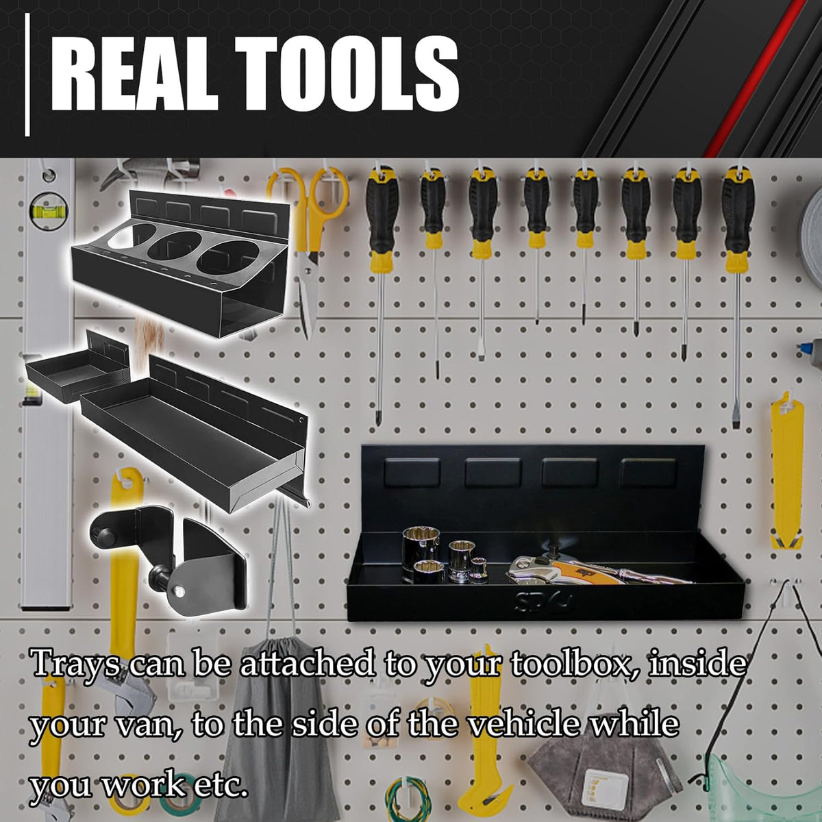 C&T 4-Piece Magnetic Toolbox Shelf, Tray and Holder Set, Magnetic Toolbox Tray Set, Tool Box for Cabinet Side Shelf Storage Van Workshop, Tool Organization and Storage