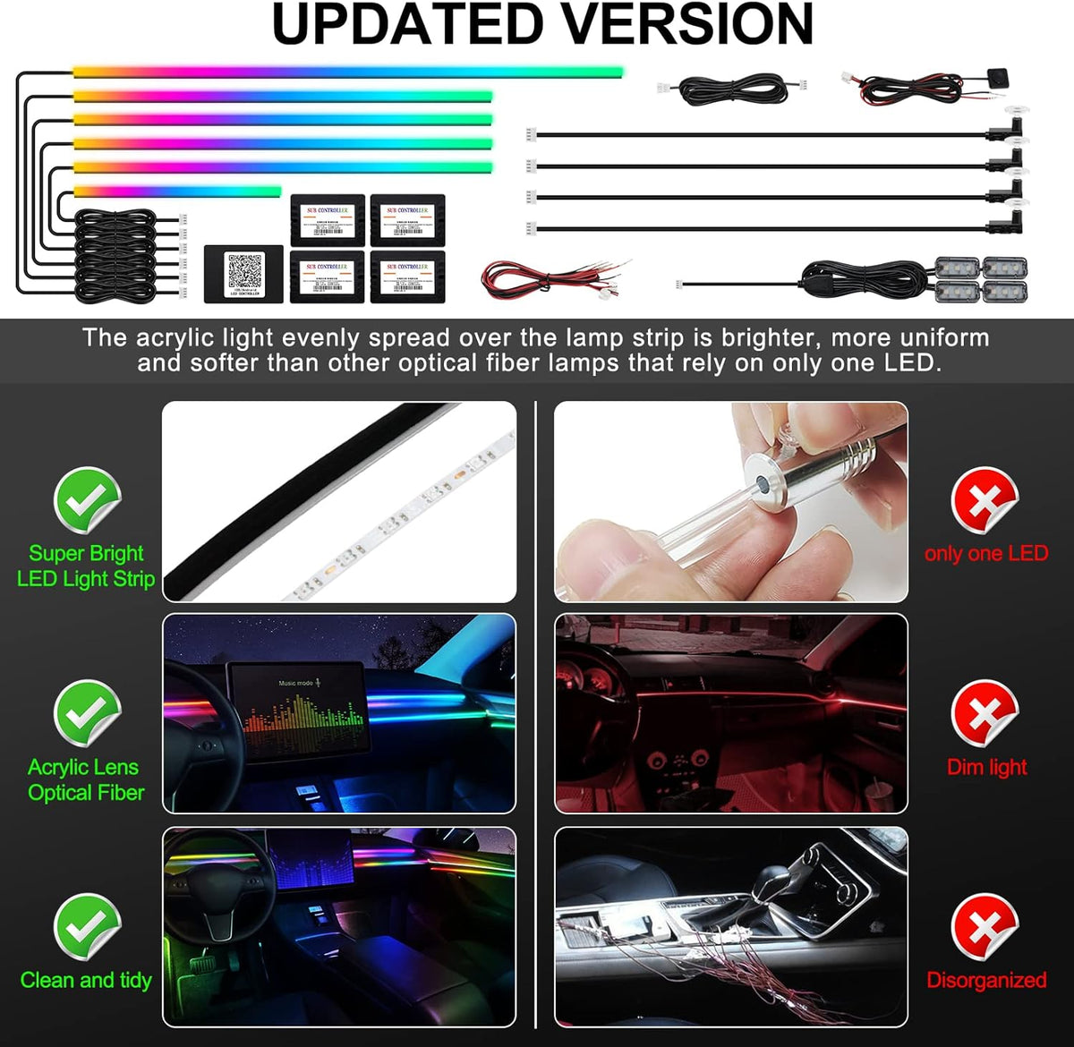 Dreamcolor Acrylic Interior Car LED Strip Light with Wireless APP, RGB 14 in 1 with 175 inches 593 LEDs Fiber Optic Ambient Lighting Kits, 16 Million Colors Sound Active Function Car Neon Lights