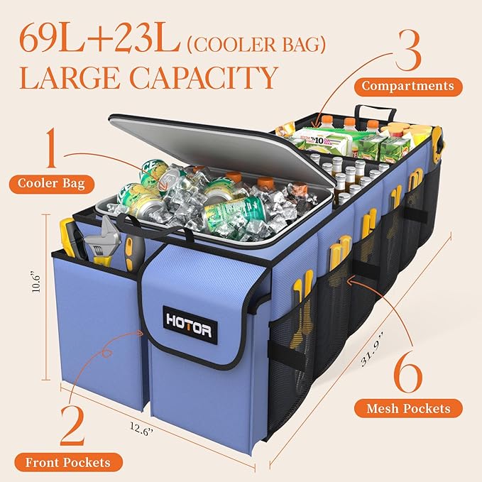 HOTOR Trunk Organizer, Sturdy Foldable with Cooler for Car & SUV, 3 Compartments, Blue, 30.90”×12.60”×10.63”