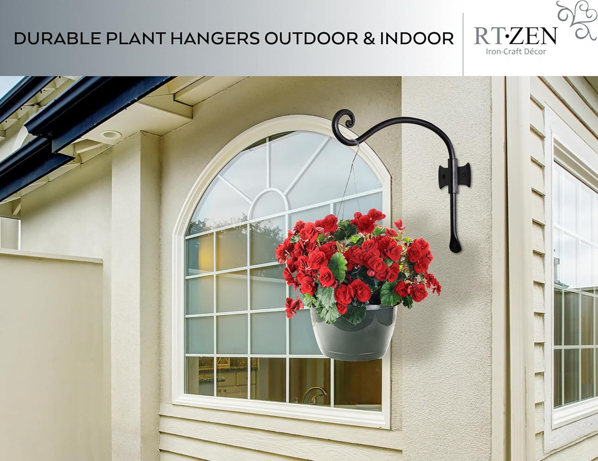 RTZEN Plant Hangers Outdoor or Indoor - Wrought Iron Metal Hanger Indoor Hook - Heavy Duty Wall Bracket Hooks for Hanging Plants Baskets Lanterns Wind Chimes - 2 Pack (Black Axe-Shape Hooks)