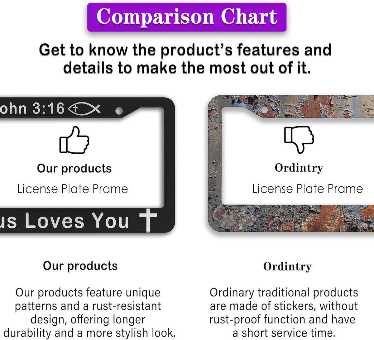 License Plate Cover Black and White License Plate Frames John 3:16 Jesus Loves You Universal Aluminum Car Accessory 2 Pack with Screw Covers Set