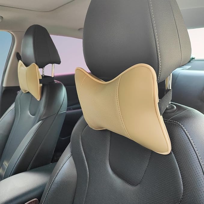 2 Pack Car Neck Pillow PU Leather Automotive Headrest Pillow for Car Support Neck Pain Relief Universal Car Pillow (Beige)