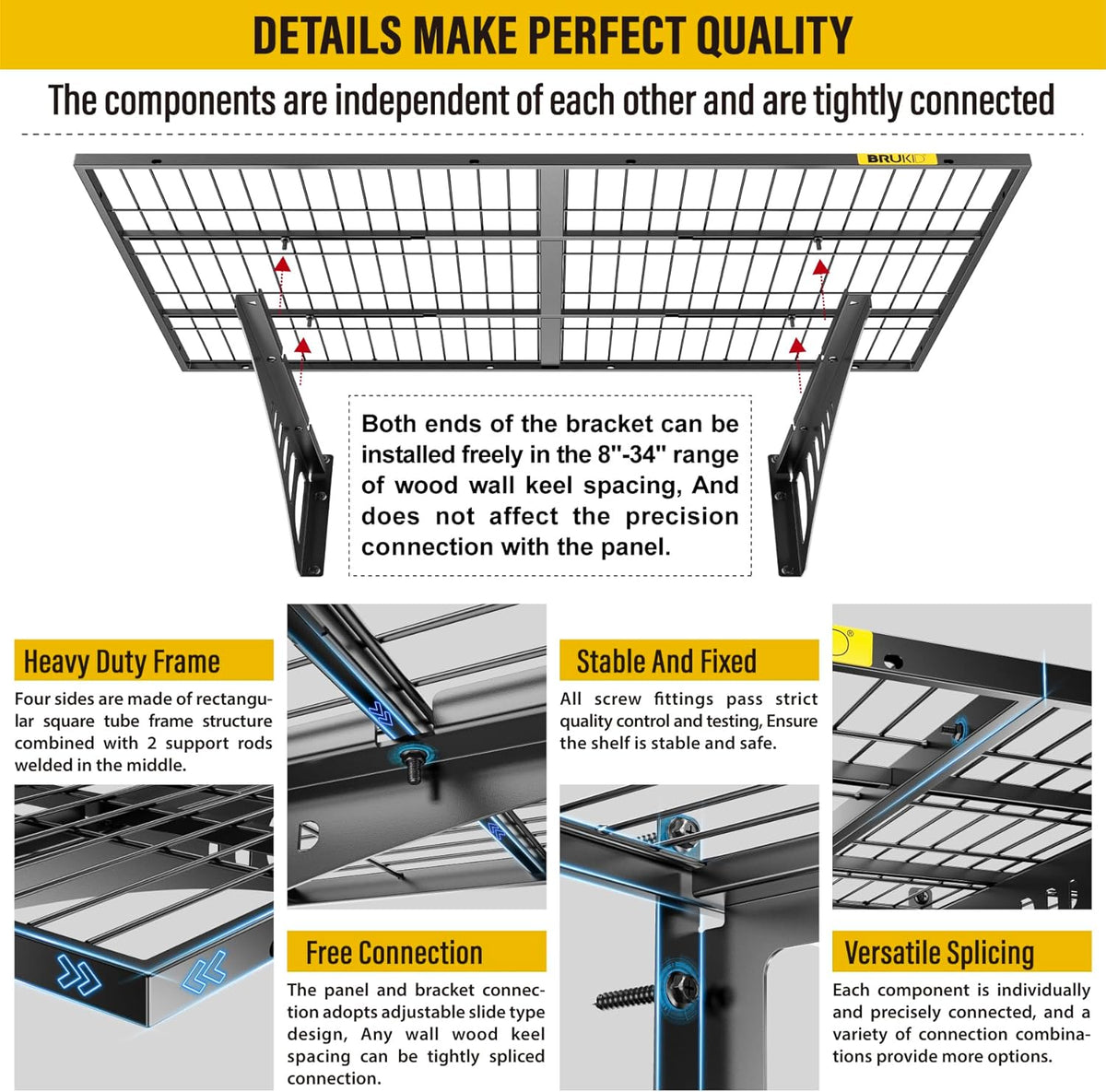 2x3ft Adjustable Rail Wall Garage Storage Shelf, for Tool Room, Storage Room, Store Supermarket Wall Storage Shelving Rack (4 Pack-Black)