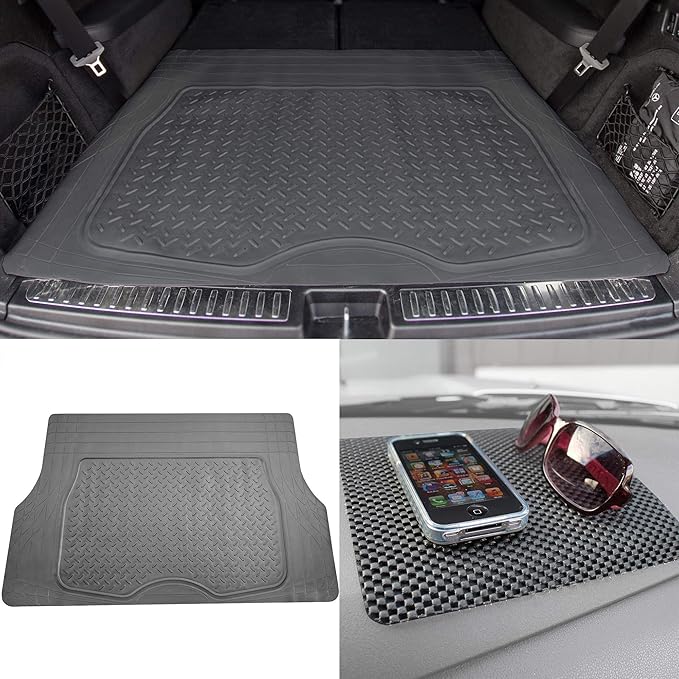 TLH Premium Trimmable Gray Cargo Mat Car Trunk Liner Universal Fit Set w/Black Dash Pad, Trimmable Automotive Floor Mats, Climaproofâ„¢ Floor Mats for Most Sedan, Cars, SUV, Truck Floor Mats.
