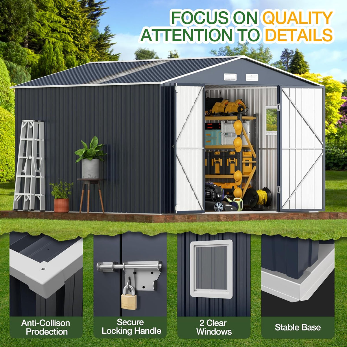 Breezz Outdoor Storage Shed 10 x 12 ft. Utility Tool Shed Metal Storage Garden Shed with Lockable Doors, Windows & Metal Frame Floor for Patio Storage, Nightblue