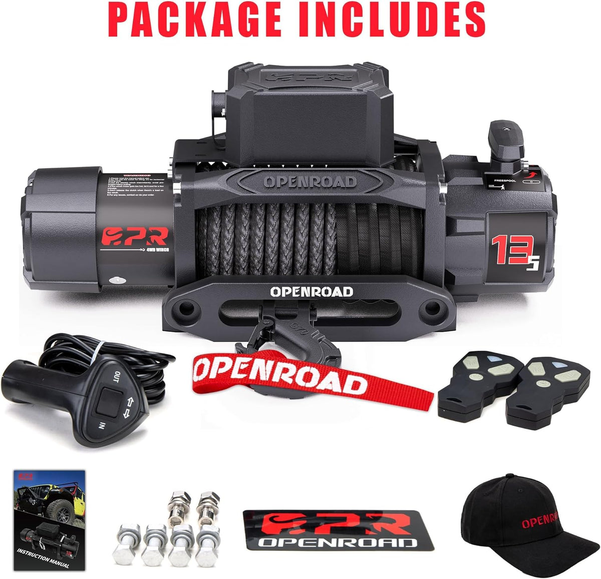 OPENROAD 12000 lb Recovery Winch with Synthetic Rope and 2 Wireless Remotes - IP68 Waterproof 12V Electric Winch for Jeep, SUV, Truck & Trailer - Panther Series 3S