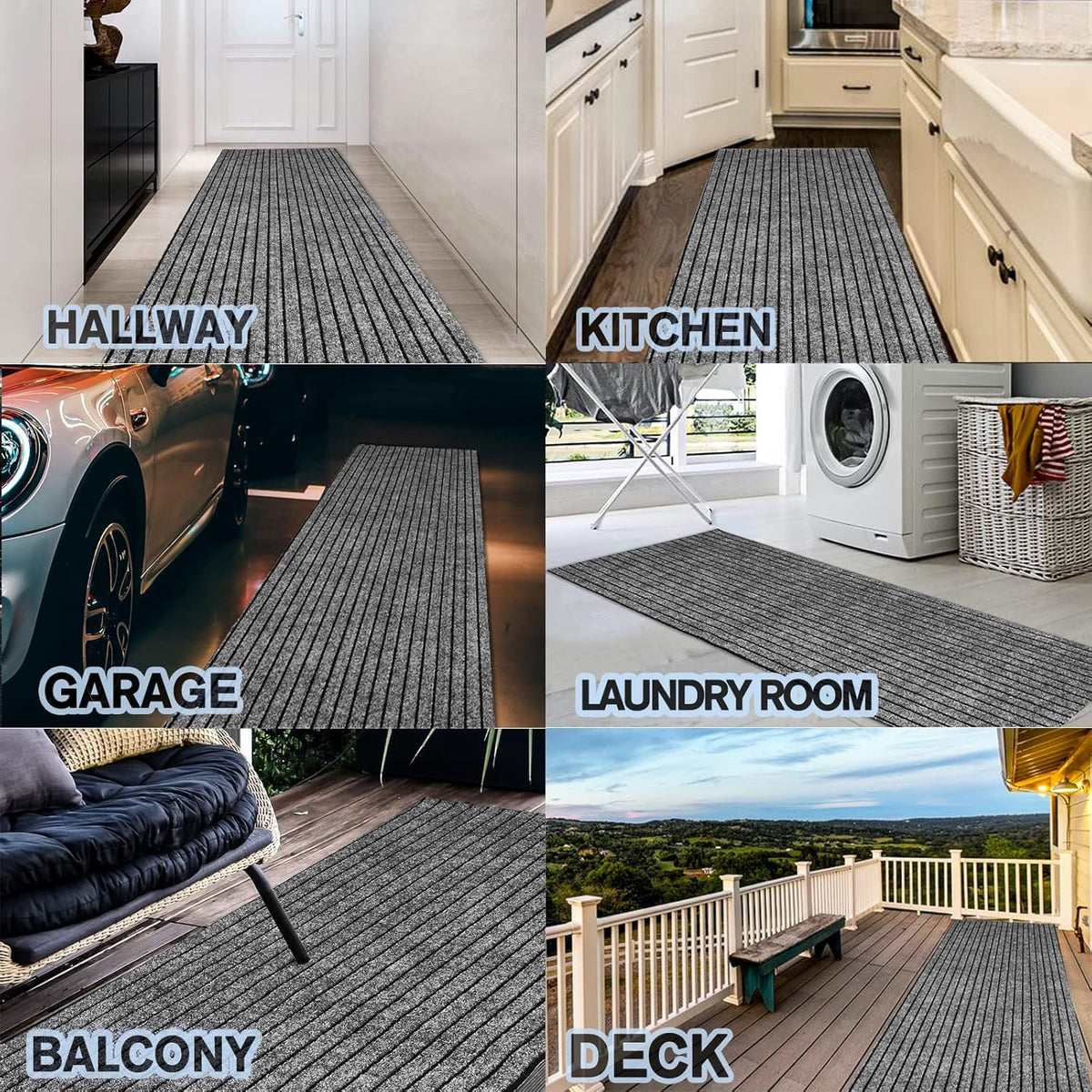 Custom Size Backed Non-Slip Area Rugs Runner, Easy Clean, Waterproof Runner Rugs for Hallway Entryway, Kitchen, Laundry, 2FT x 12FT, Gray Stripe