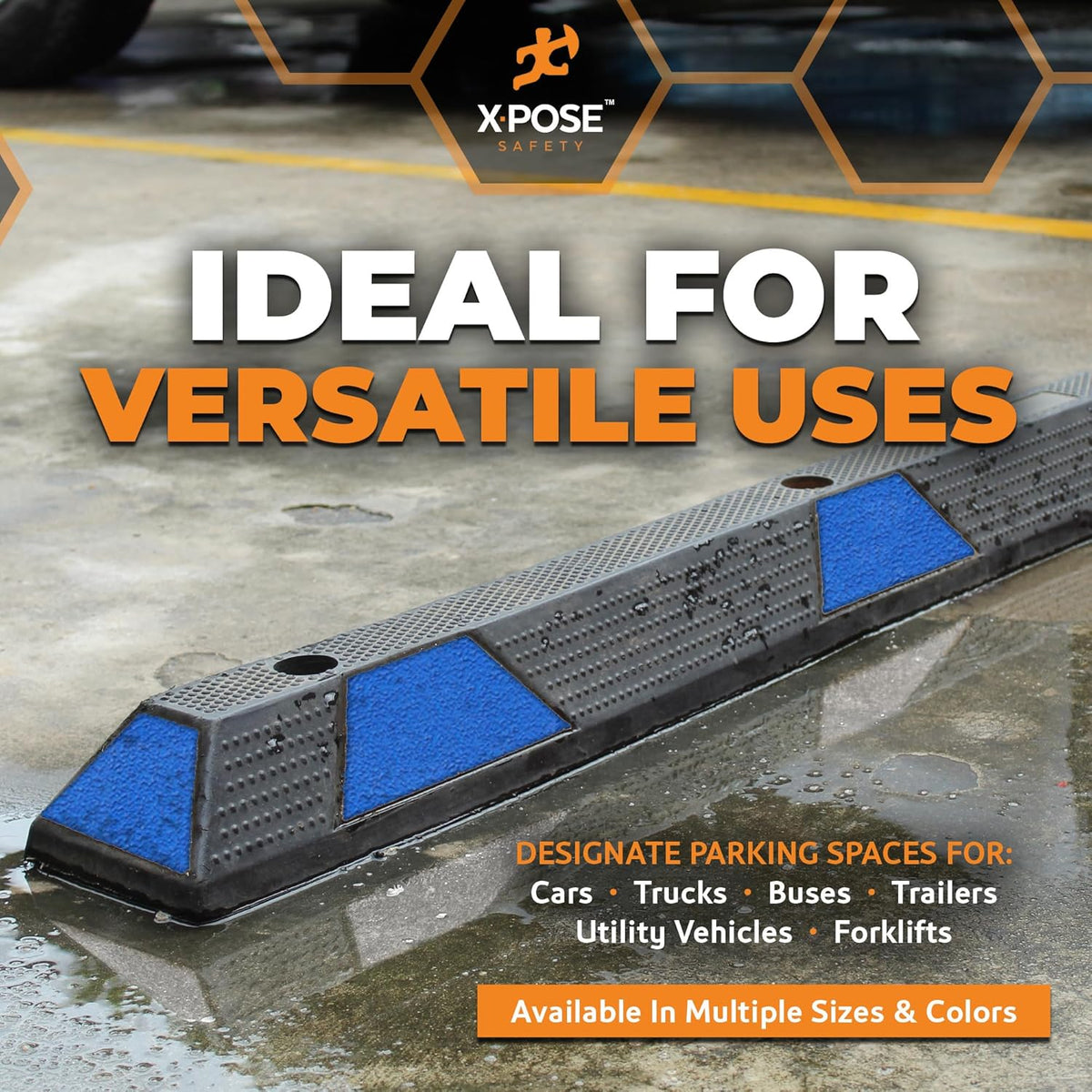 Xpose Safety 72" Heavy Duty Rubber Parking Stopper – Bulk Full Pallet 50 Pack Wheel Blocks for Garage, Driveway, or Ramp – Car Bumper Stop with Blue Reflective Strips – Removable Floor Mount