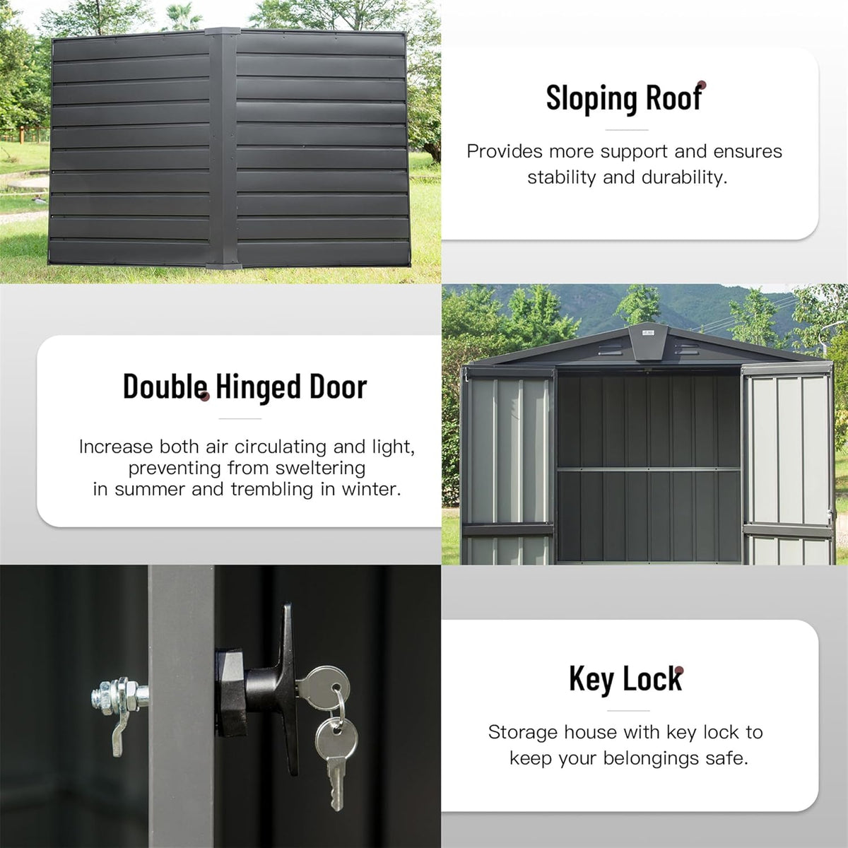 IKERY Galvanized Steel Garden Shed 5.7' x 3' with Floor, Ventilation Vents & Lock - All-Weather Outdoor Storage for Tools, Backyard - Dark Gray