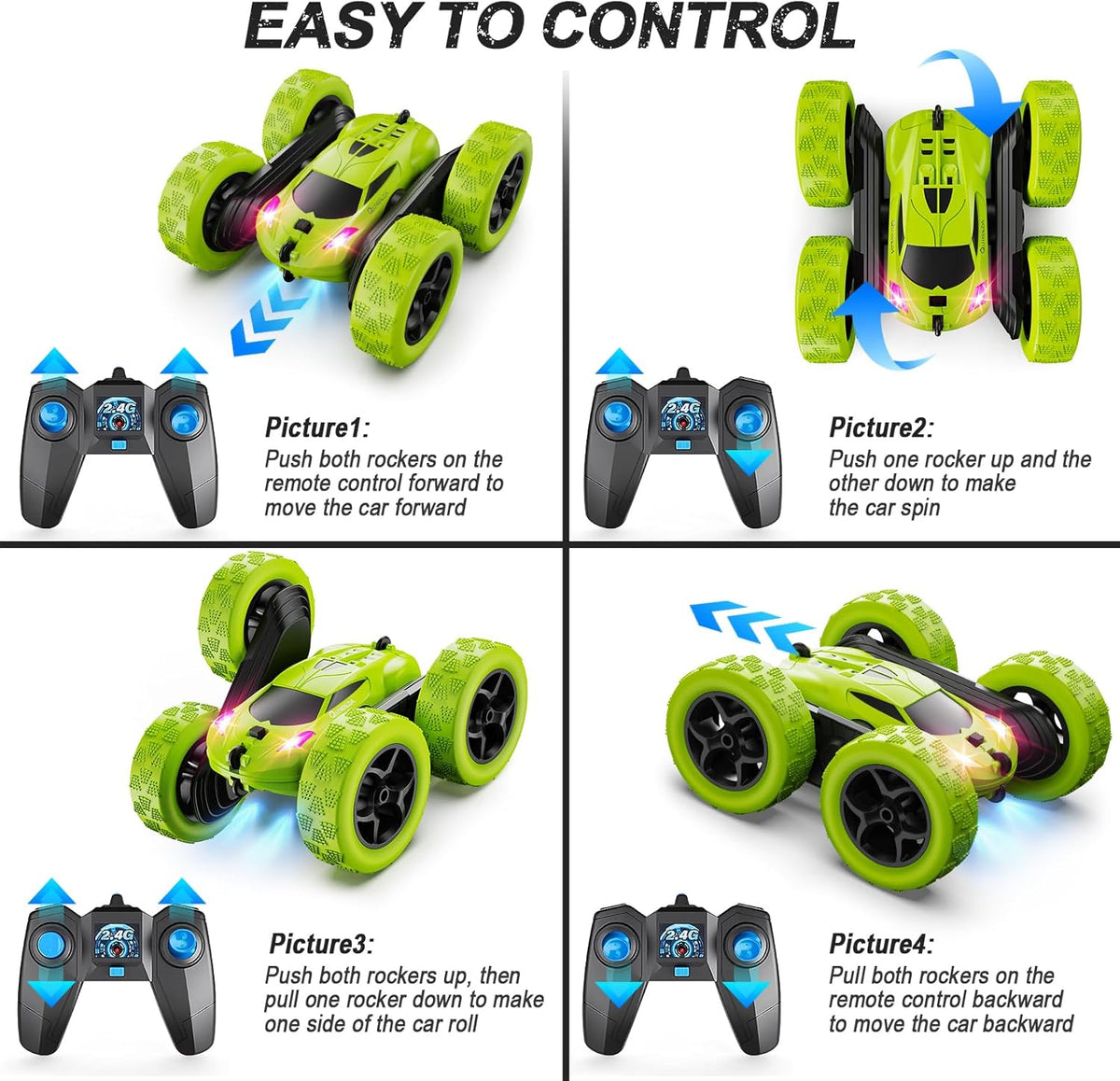 Remote Control Car for Kids Ages 6+, RC Cars Stunt Car Toy 4WD Double Sided 360° Rotating Remote Control with Headlights, Birthday Xmas Gifts for Boys 6 7 8 9 10 11 12 Green