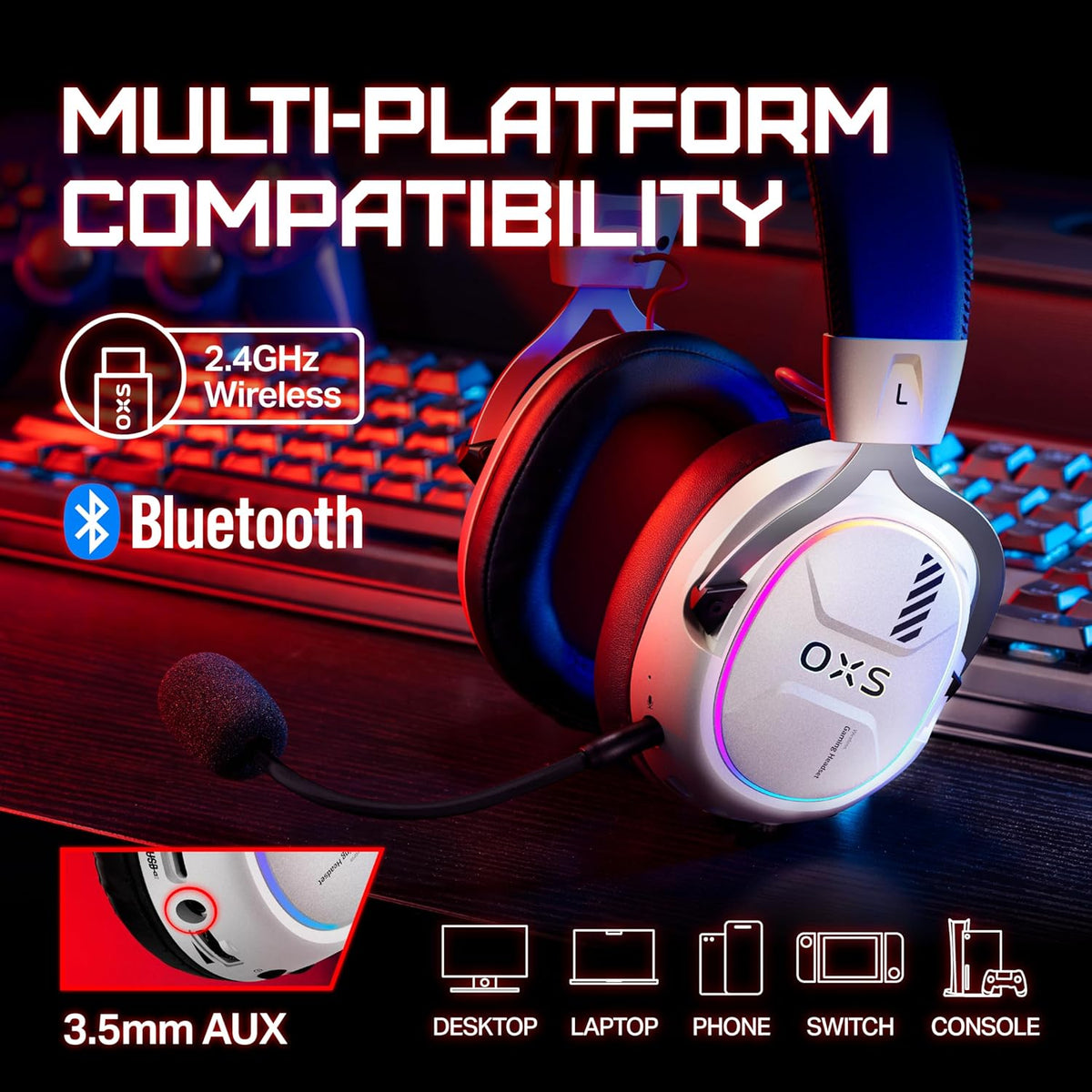 OXS Storm G2 Wireless Gaming Headsets, 7.1 Virtual Surround Sound, 3 EQ Modes, 2.4G Low Latency, 50mm Driver, 40H Playtime, RGB Light, Bluetooth 5.3, Compatible with PC, Console, Mobile, White