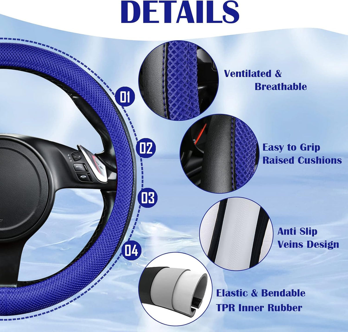 CAR PASS 3D Air Mesh Car Seat Covers Full Sets w/5mm Sponge, 4Pcs Waterproof Car Floor Mats, Steering Wheel Cover Universal Fit for SUV Sedan Truck, Airbag Compatible Automotive Interior(black & blue)