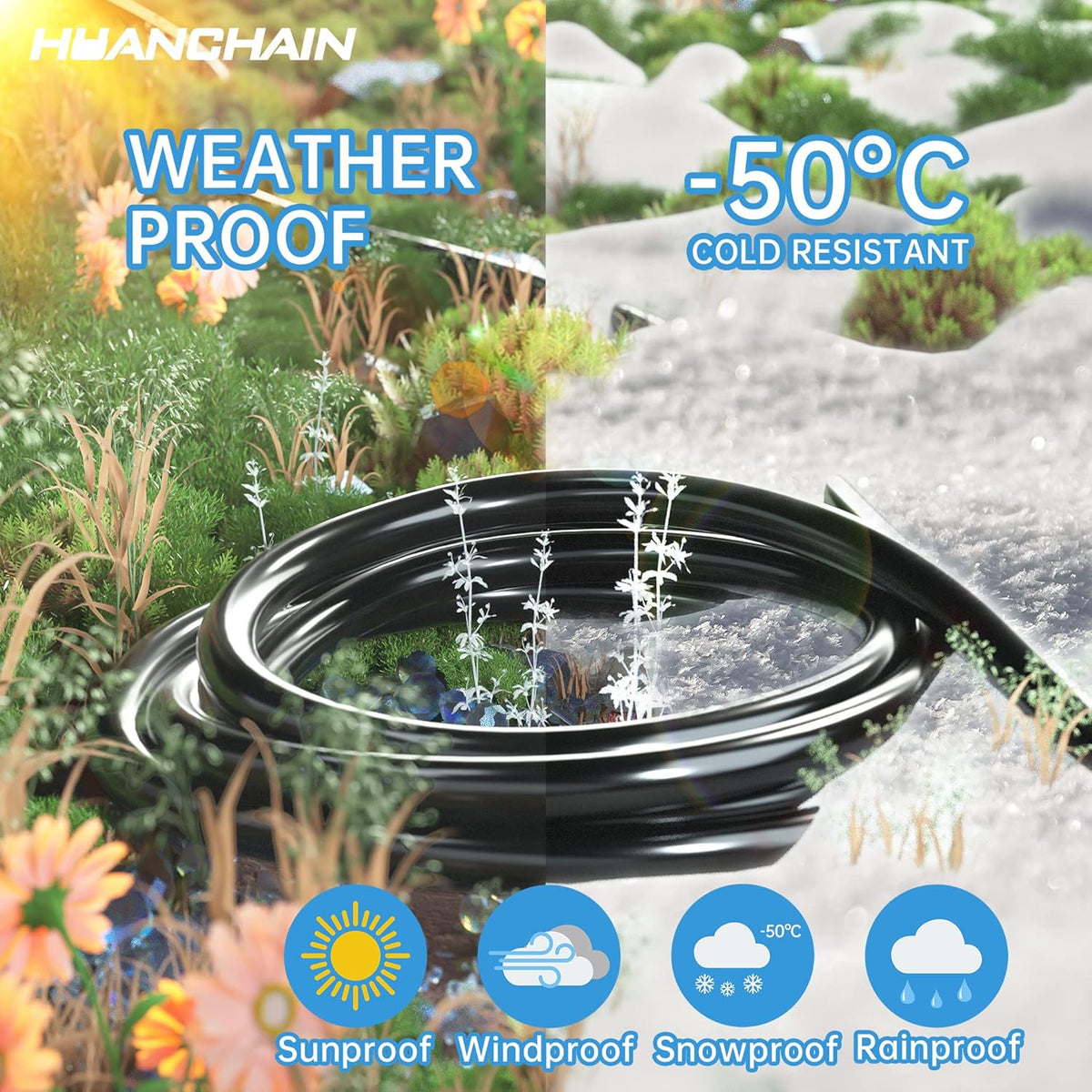 HUANCHAIN Indoor Outdoor Black Extension Cord 20 ft Waterproof, 16/3 Gauge Flexible Cold-Resistant Appliance Extension Cord Outside, 13A 1625W 16AWG SJTW, 3 Prong Heavy Duty Electric Cable, ETL