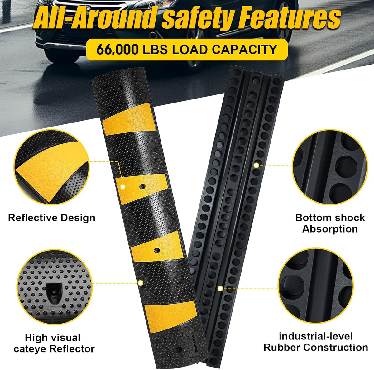 2 Channel Rubber Speed Bumps Humps, 6 Feet Long Traffic Driveway Ramp with 8 Bolts, 22000 lbs Capacity Cable Protector Ramp for Garage Gravel Roads Asphalt Concrete, 2 Packs