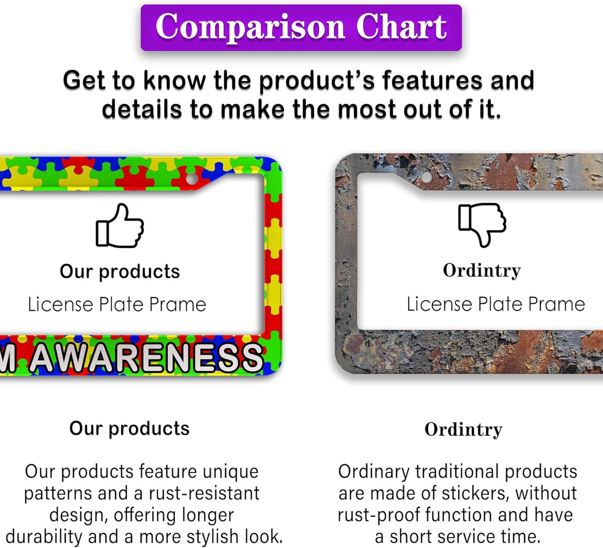 Custom License Plate Frame Multicolor License Plate Frames Autism Awareness Puzzle Universal Aluminum Car Accessory 2 Pack with Screw Covers Set