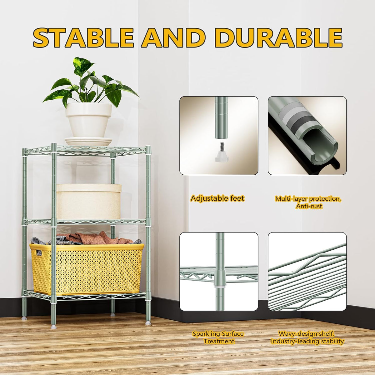 750 lbs 3-Shelf Storage Shelves Wire Shelving Unit Standing Metal Rack for Small Places Narrow Wire Rack for Bathroom, Green 13.8 D x 13.8" W x 25.5" H