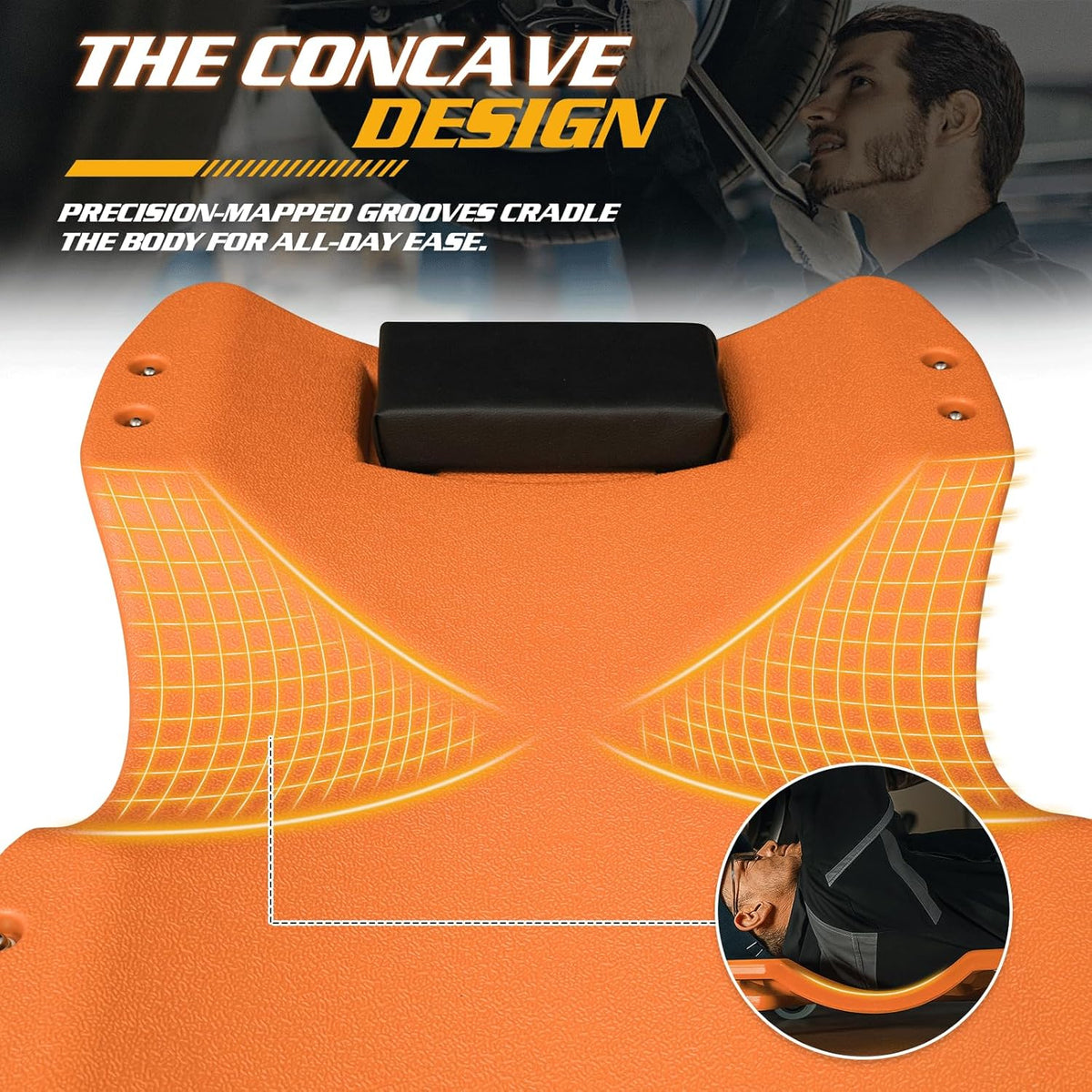 Magshion Mechanic Creeper with Padded Headrest & Tool Trays – 440 lbs Capacity, Rolling Garage Creeper with 6 Swivel Wheels, Lightweight & Portable Under Car Creeper for Auto Repair (Orange)