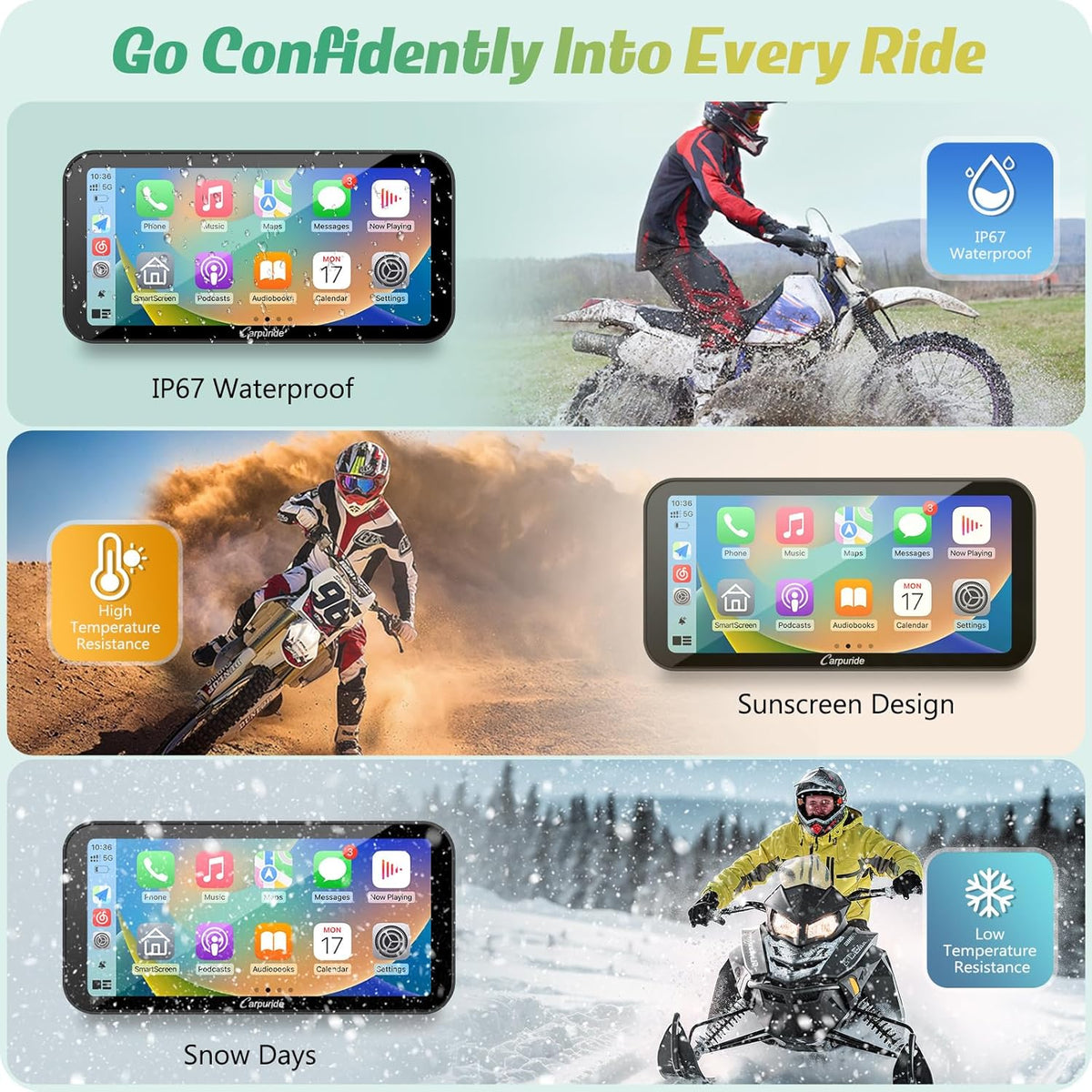 Carpuride W603D Motorcycle GPS Carplay Screen, Wireless CarPlay & Android Auto for Moto, with HD 1080P Dual Cameras, Remote Control,6.3" Waterproof Touchscreen, BT Aduio, Loop Recording, Navigation