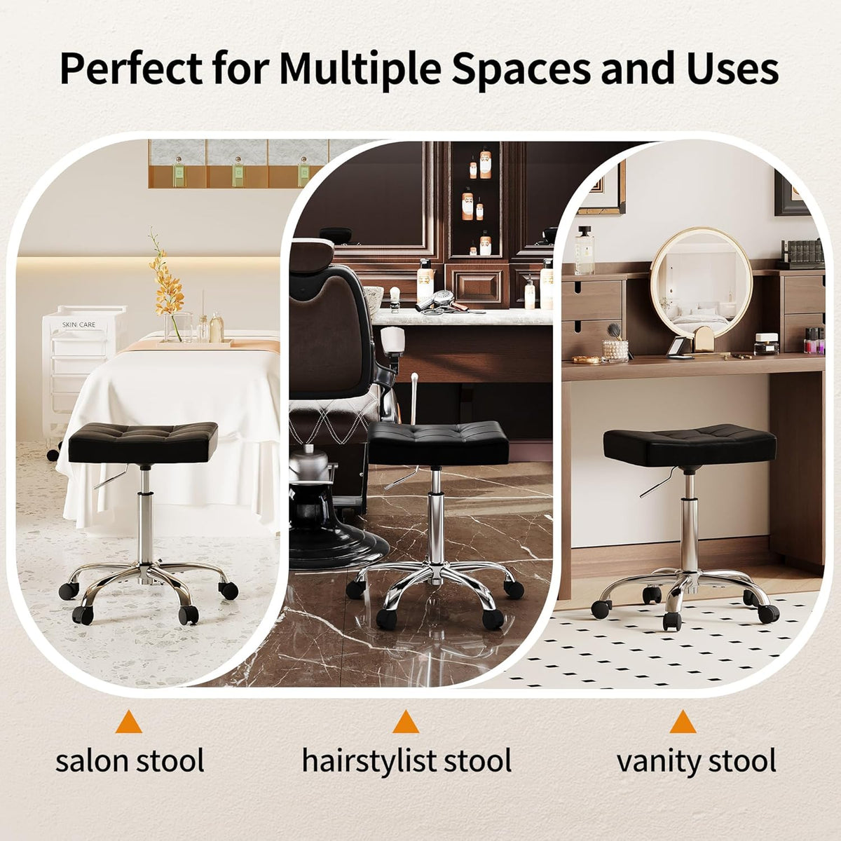 Ergonomic Rolling Shop Stool (Adjustable Height 17-21 inch) Salon Stool for Hair Stylist (Black)