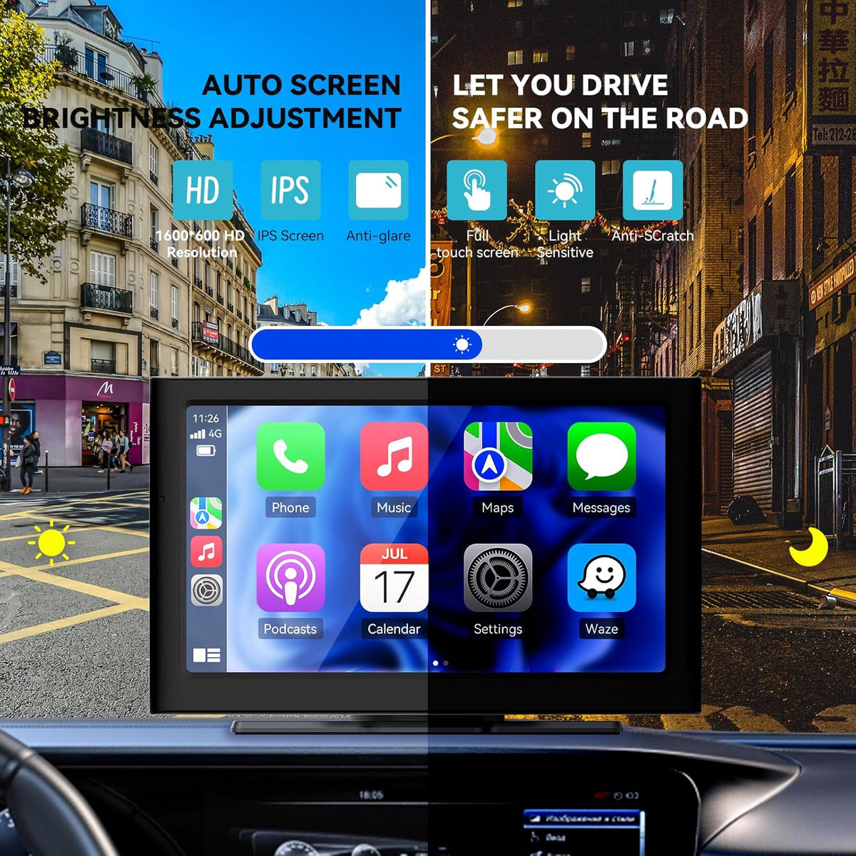 7” Wireless Carplay &Android Auto IPS Touch Screen, Portable Car Stereo with 4K Front Dash Cam + 1080p Backup Camera, Bluetooth/GPS Navigation/Mirror Link/Voice Control/Loop Recording with 64GB TFCard