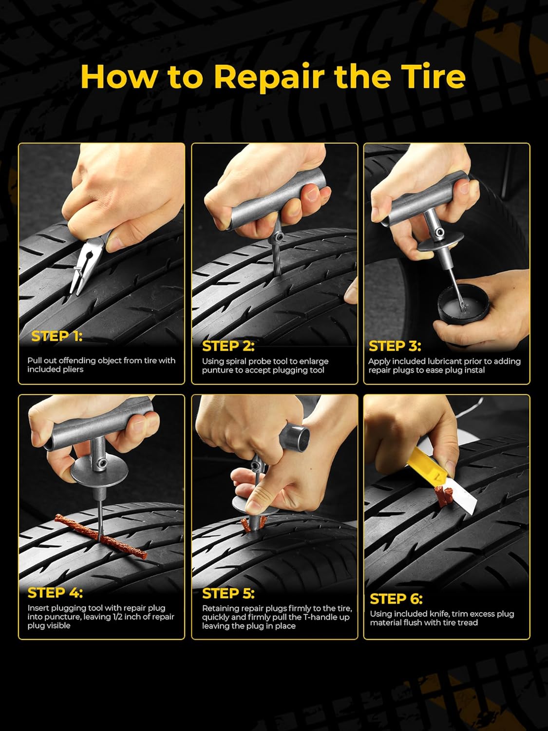 Tire Repair Kit with Plugs Fix Punctures & Plug Flats with Ease - Heavy Duty Flat Tire Puncture Repair Kit for Car, Motorcycle, ATV, UTV, RV, Trailer, Tractor, Jeep, Etc