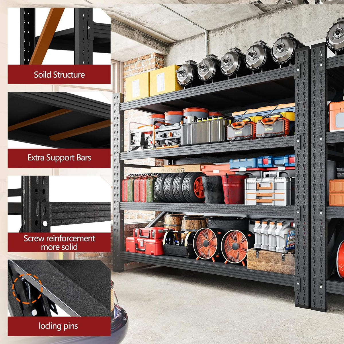 3000LBS Storage Shelves,48" W Garage Shelving Heavy Duty Metal Adjustable Garage Shelves, Shelving Units Industrial Shelving for Warehouse,48" W x 24" D x 69" H,Black