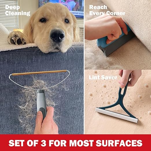 Pet Hair Removal Tools (3-Pack), Dog Cat Hair Remover Pro, Lint Shaver Cleaner, Fur Removal Carpet Scraper, Fuzz Hairball Brush for Carpet, Car Mat, Clothes, Couch, Pet Bed, Cat Tree, Furniture