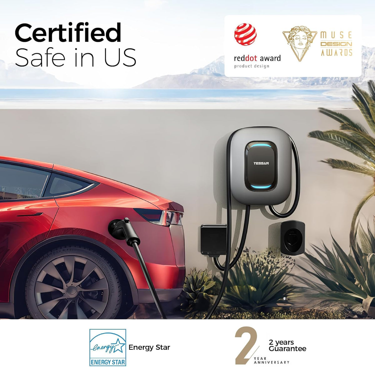 TESSAN Level 2 EV Charger, Hardwired Electric Vehicle Fast Charging Station, 48A/240V Smart Equipment App Control Wi-Fi (Only 2.4Ghz)& Bluetooth, 25ft Cable with Holder for Indoor Outdoor Home