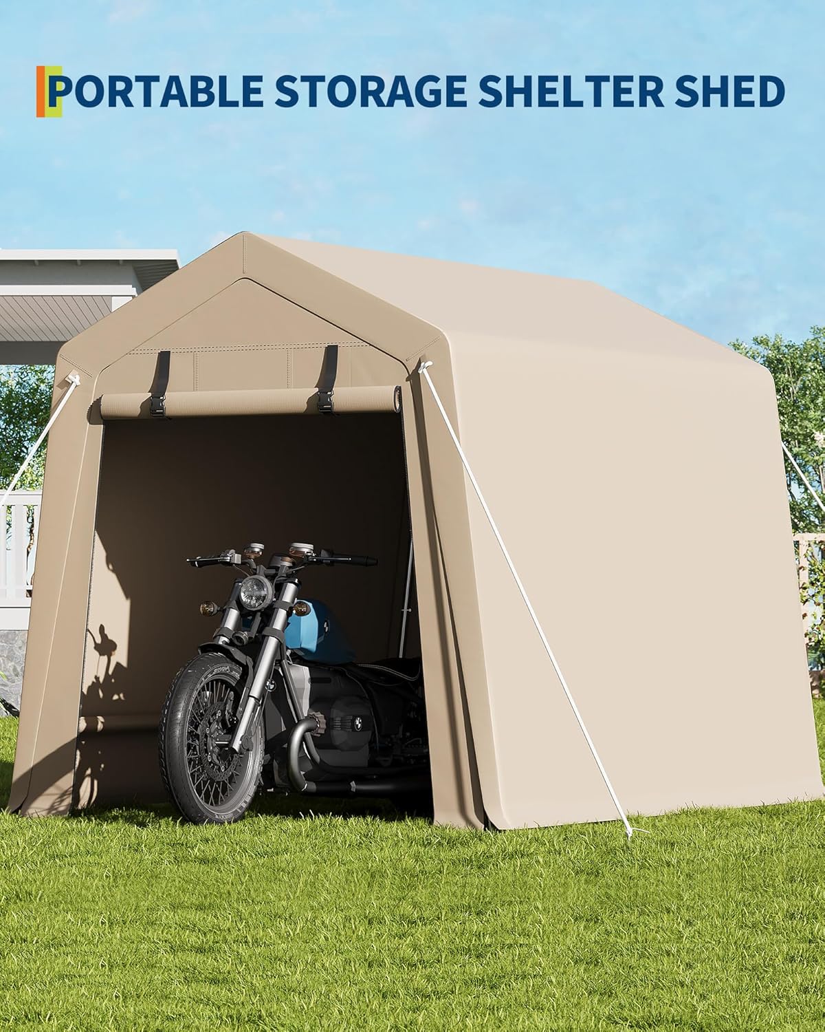 6x6 Ft Carport Heavy Duty Tent with Roll-Up Windows, Portable Garage with Removable Sidewalls & Doors, Car Canopy All-Season Tarp for Car Boat Truck Motorcycle, Khaki