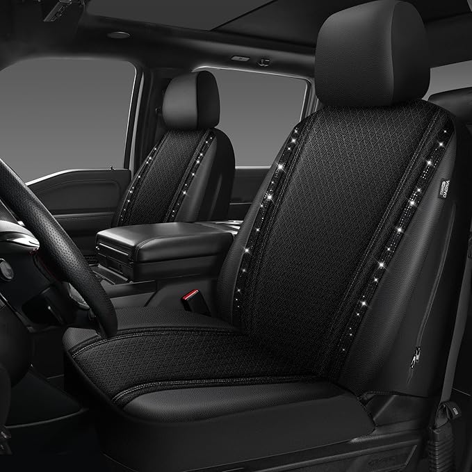CAR PASS Memory Foam 3D Mesh Bling Diamond Car Seat Cover Full Set Breathable Soft Sponge Universal Shining Glitter Sparkly Crystal Armrest Fit Automotive Truck SUV Cute Women Girl, Black Rhinestone
