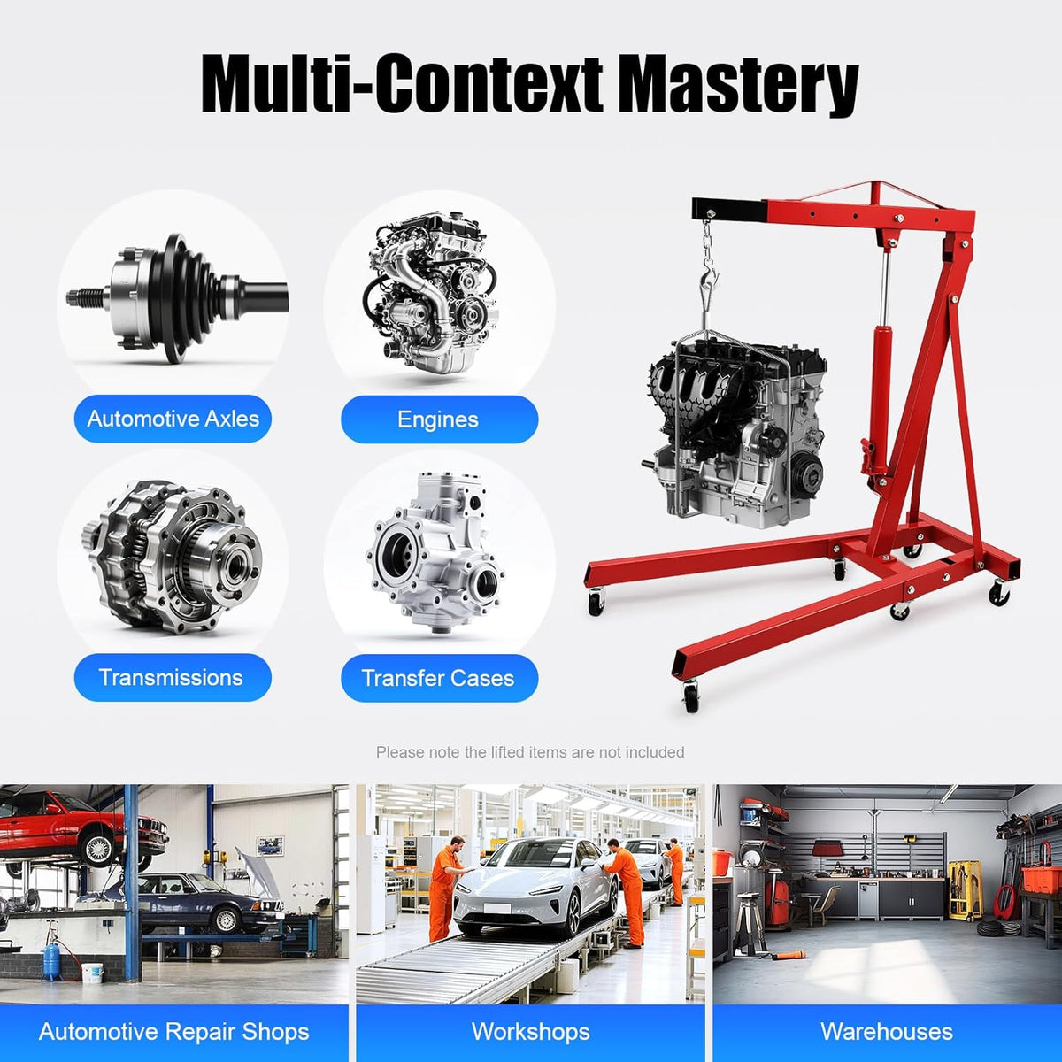 2 Ton Hydraulic Engine Hoist, Folding Engine Lift with 6 Wheels, Heavy Duty Steel Shop Engine Crane, Cherry Picker Engine Hoist for Garage, Workshop, 4400 LBS (Red, 2 Ton)