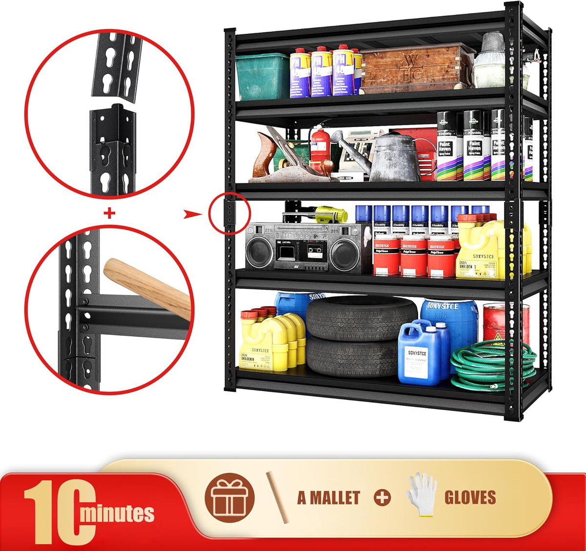 Garage Shelving Heavy Duty 3000LBS Loads, 48" W Adjustable Garage Storage Shelves, 5-Tier Metal Shelving Units and Storage, Industrial Utility Shelf, 48" Wx24 Dx78 H,Black
