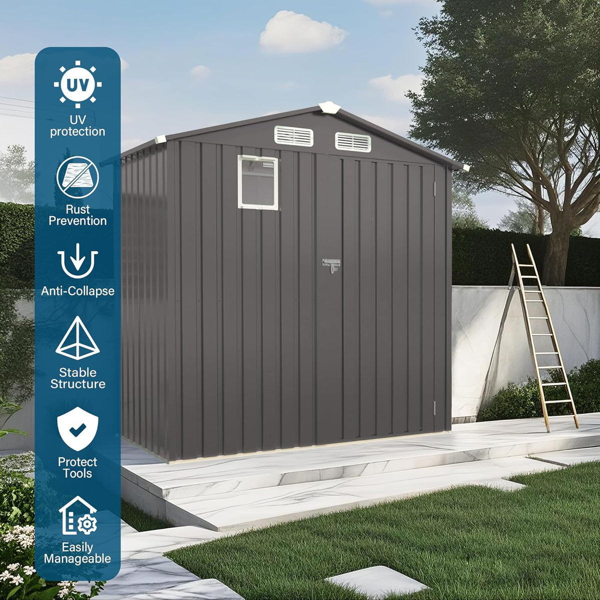 6X3.5 FT Outdoor Storage Shed with Window, Metal Garden Sheds w/Lockable Door and Vents, Waterproof Steel Tool House for Backyard, Patio, Lawn, Sundries & Utility Storage, Gray