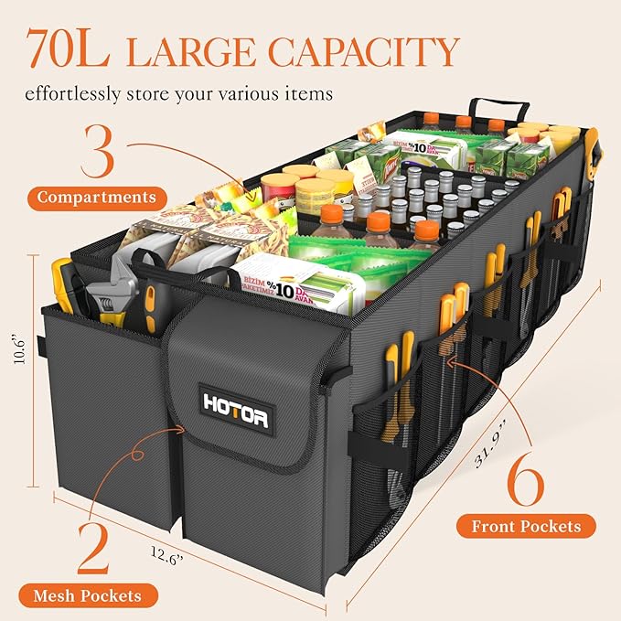 HOTOR Foldable Trunk Organizer - SUV & Sedan Compatible, 3 Compartments, Grey, 31.9"12.6"10.6" Sturdy Car Organization for Accessories, Tools, Sundries