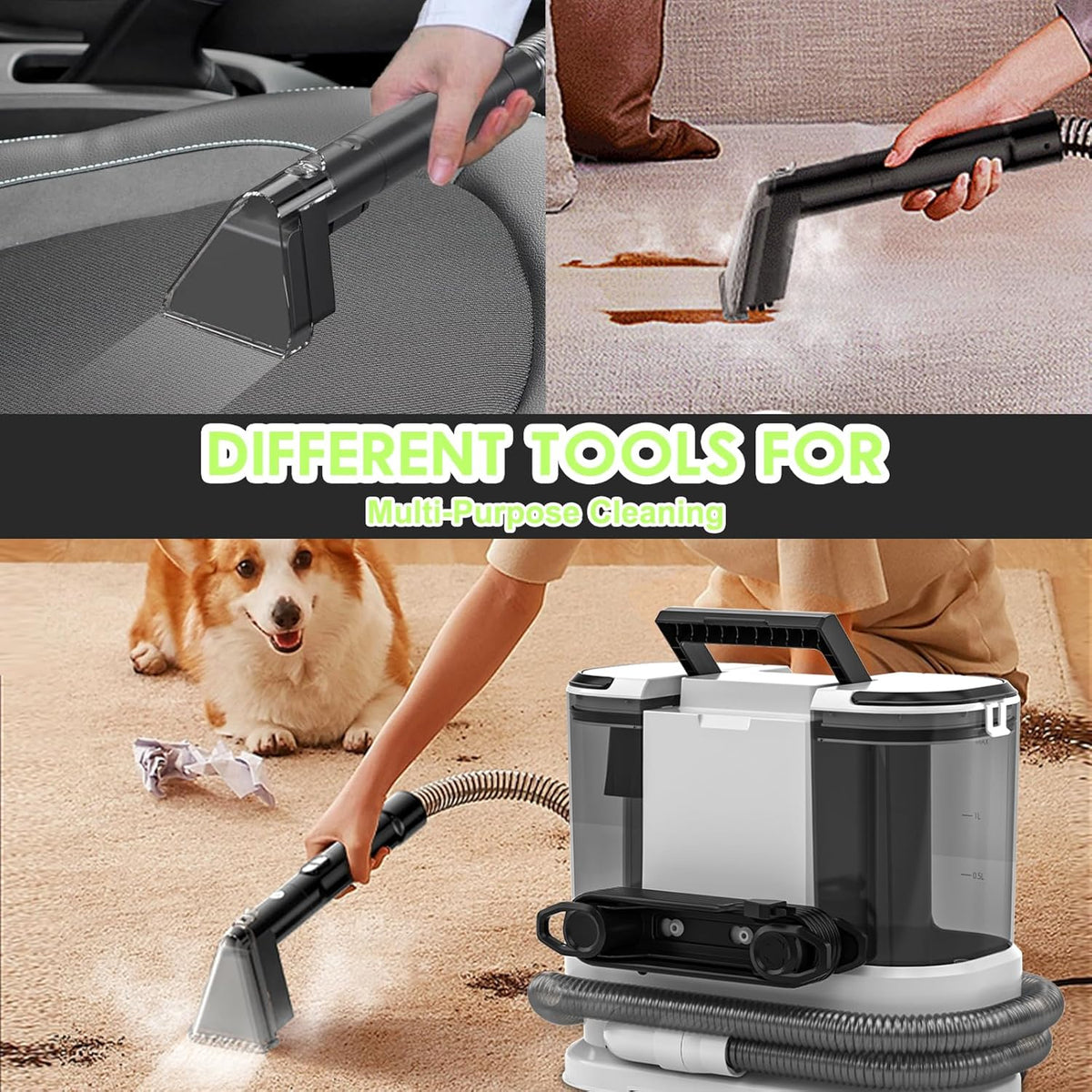 Portable Carpet & Upholstery Cleaner, Deep Cleaning for Rugs, Couch, Curtain, Car Interiors Stains, Pet & Family Friendly, 800W high-performance motor 21Kpa 120V (White)