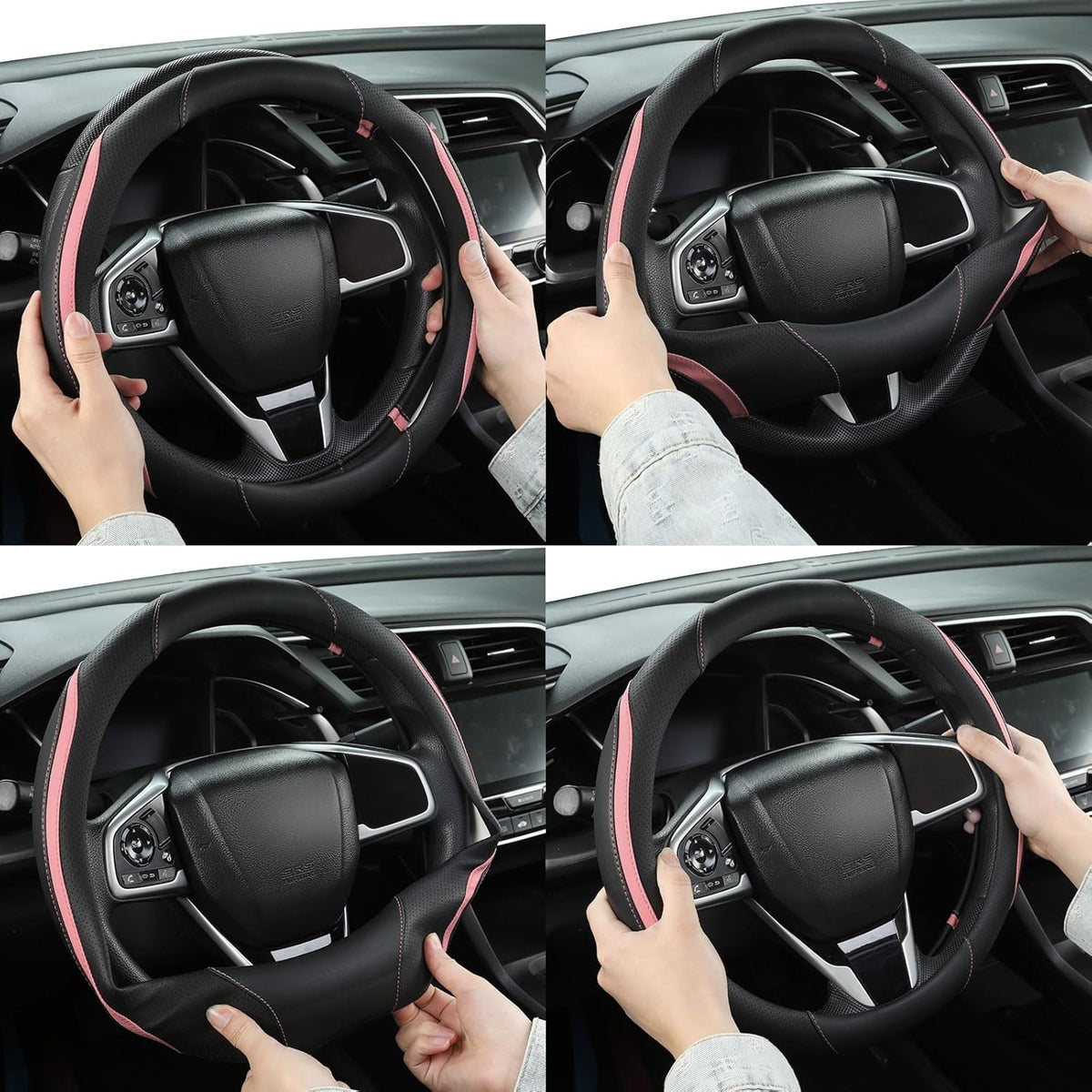 Car Steering Wheel Cover, Leather Steering Wheel Cover Pink Universal 14.5-15 Inch Microfiber Leather Anti-Slip Breathable Auto Steering Wheel Covers for Men Women (Black&Pink)