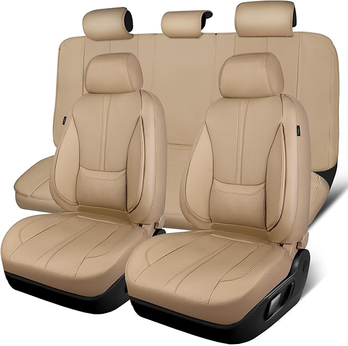 CAR PASS Nappa Leather Seat Covers Full Set, 3D Foam Faux Leather Car Seat Covers with Lumbar Support, Water Resistant Comfort & Universal Fit for Cars SUV Truck Most Vehicles, All Beige
