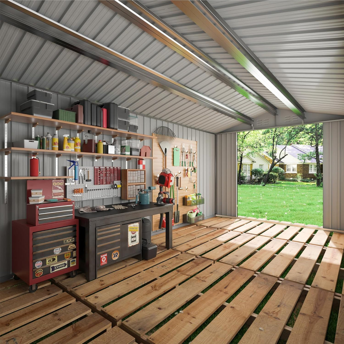 WKM 10x10 FT Outdoor Storage Shed, Utility Metal Tool Storage with Lockable Doors and Updated Frame Structure, Metal Garden Shed for Backyard, Patio Lawn, Black