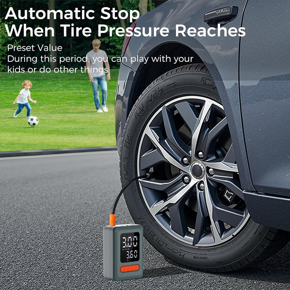 Tire Inflator Portable Air Compressor, Cordless Air Pump with LED Light & Pressure Gauge for Auto, Motorcycles, Bikes, Balls, Emergency Phone Charger